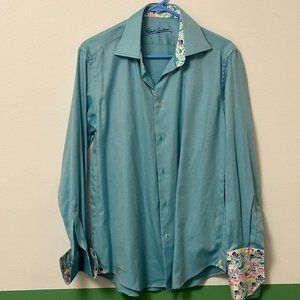 Robert Graham, Size 15.5" M, 100% Cotton, Teal with white checker pattern